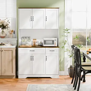 71" Tall Kitchen Hutch Cabinet with Drawers and Power Outlet, Farmhouse Pantry Storage Cabinet, Large Wood Coffee Bar Microwave Stand Cupboard for Dining Room Living Room, White