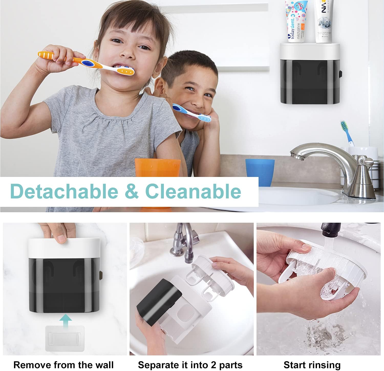 Wall Mounted Toothbrush Holder with Toothpaste Dispenser 4 Slots Automatic Squeezer Kids Bathroom Storage Organizer