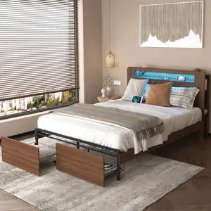 Queen Size Platform Bed with Storage Headboard, LED Light & Charging Station, Farmhouse Wood Queen Bed Frame w/Large Drawers, Solid Rustic Beds Frames Full, No Box Springs Needed, Easy Assembly, Brown