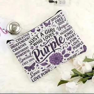 "Just a Girl Who Loves Purple" Cosmetic Bag, Inspirational Purple Accessory Pouch with Butterflies and Flowers, Birthday Christmas Gift for Purple Obsessed Teens, Girls and Women