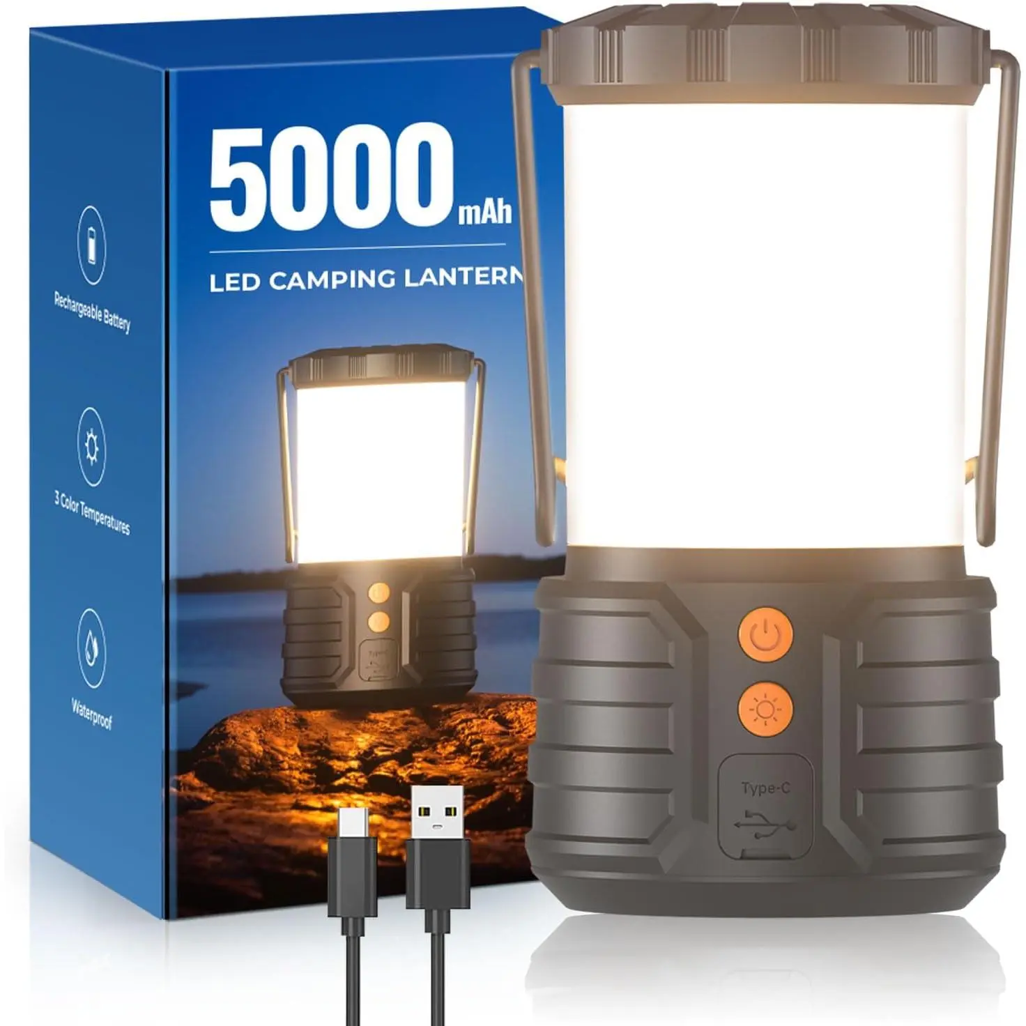 Camping Lantern,5000mAh Rechargeable   Lights for Power Outages,3 Colors,IPX4  Portable Flashlight Camping Tent Light for Home or Hurricane Hiking,1 Pack