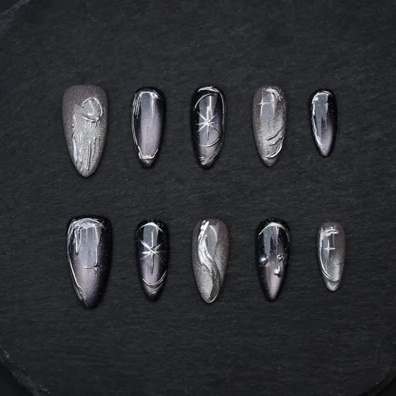 Mystery witchy nails/Silver cat eye nails/Gothic gel nails/Black press ons/Moon&star fake nails/Emo acrylic nails/Chrome nails/aurora/Almond Nail Art Kit Nail Box sohochic