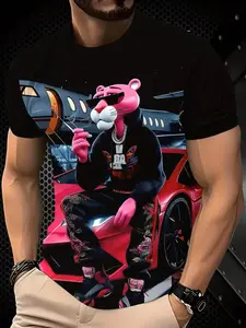 Men's Sporty Outdoor Playful Leopard Pattern Printed Short Sleeve Summer Top, Fitted Long Clothing, Mature Streetwear Style