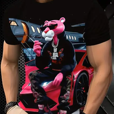 Men's Sporty Outdoor Playful Leopard Graphic Pattern Printed Short Sleeve Summer Top, Fitted Long Clothing, Mature Streetwear Style, Athletic, Casual Sports Tops, Athletic Fashion Tops