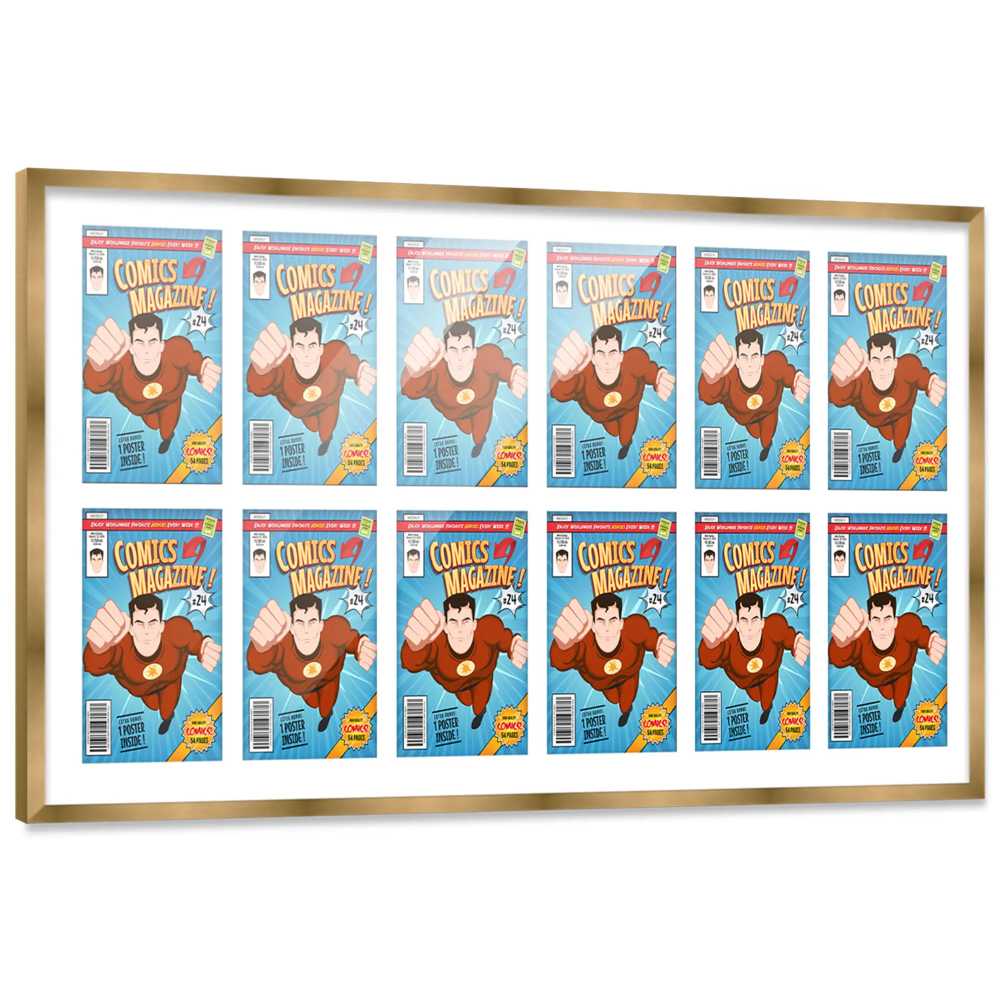 Comic Book Frame with Mat for 12 Current Era Comics Published After 1985 - Bronze Wood Comic Frame With White Mat for 6.875x10.5 Comics - 51x24.5 Frame Size