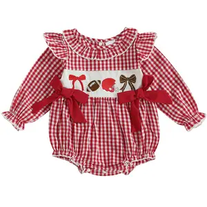 Football Baby Girl Outfit Infant Plaid Bubble Romper Onesie Football Embroidery Onesie Bow Bodysuit Cute Fall Winter Clothes