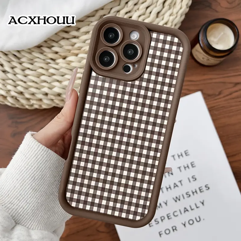 Soft Non-Slip Silicone TPU Phone Case for Various iPhones - Brown Gingham 2D Printing, Straight Edge, Anti-Drop, Rugged Waterproof Protection Cover for iPhone 17 Pro Max,16,16e,15,14 Plus,13,12 Mini,11,Air,X,XS - Adult Valentine's Day Gift Accessory, Drop