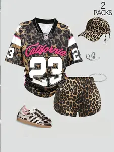 Y2K California Leopard Print Shirt & High Waist Shorts Set, Loose Fit V Neck, Casual Sportswear, Sporty Style Clothes, Perfect for Music Festivals