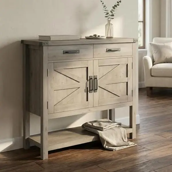 Console Table with Storage, Farmhouse Entryway Table with 2 Doors & 2 Drawers, Coffee Bar Cabinet for Kitchen, Dining Room, Living Room, Entryway, Hallway(Gray)