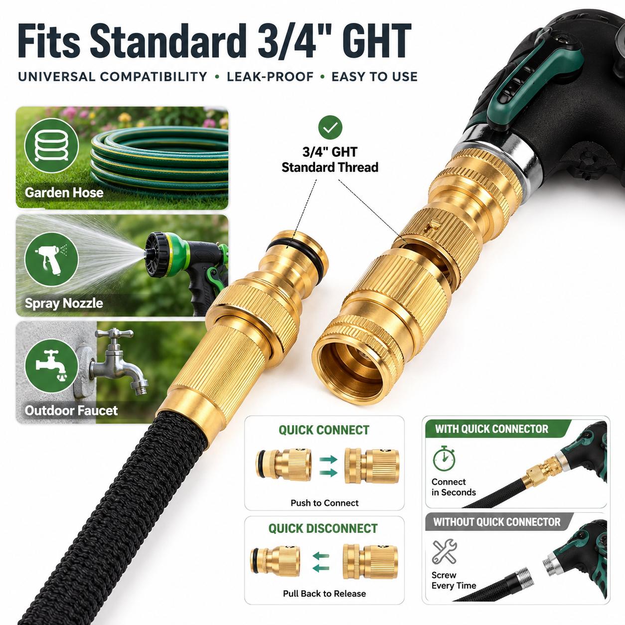 Garden Pipe Quick Connect Fitting, 1 Set Premium Brass 3/4 Inch GHT Thread Joint, Tight-Seal Male & Female Hose Coupler, Practical Outdoor Water Pipe Accessory for Summer Yard Work