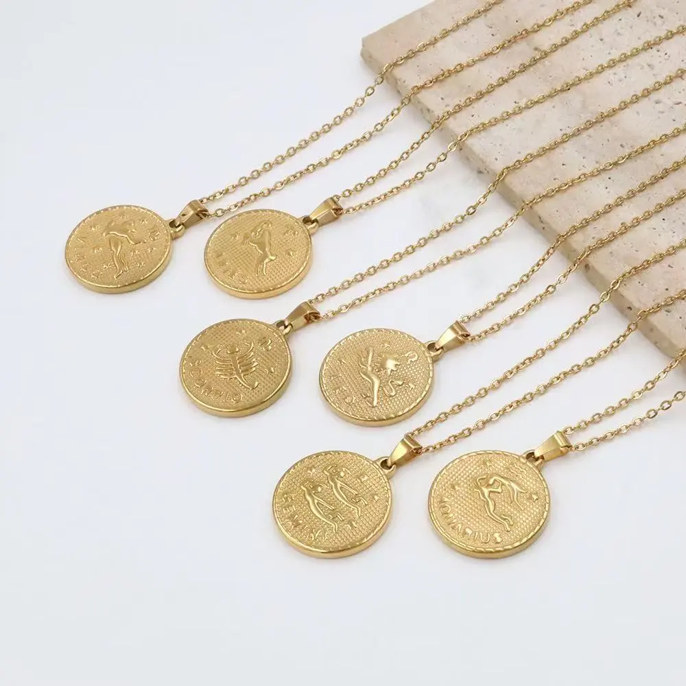 12 Constellation Golden Necklace & Pendant for Women, Tarnish-Water Resistant Artificial Gemstone Jewelry, Birthday Gift Accessory