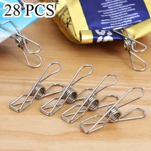 28pcs Multi- Purpose Stainless Steel Clothes Pins with Spring, 2.55in/6.5cm Windproof Metal Wire Utility Clips Clothespin, Bag Clips, Heavy Duty Tightly Seals Chip for Home Office, Clothes Pins