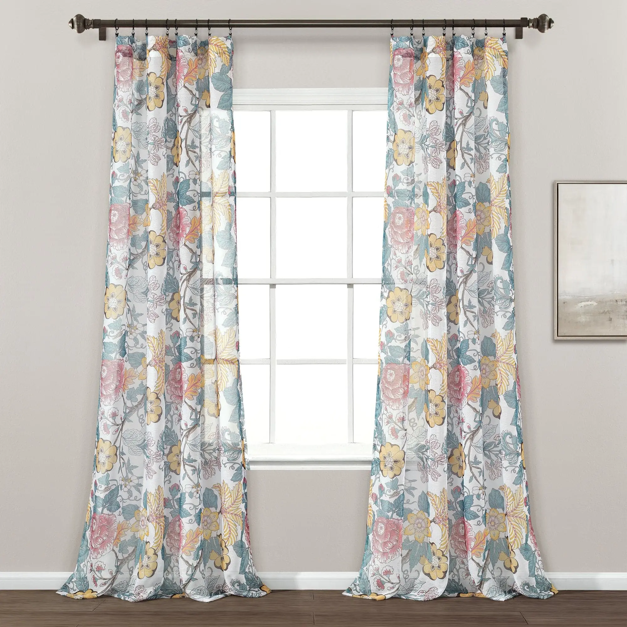 Lush Decor Sydney Home Decorative Semi Sheer Window Drapes, Lightweight Curtain Panel Set with Floral Design, Home Decorative Curtain
