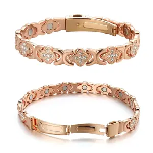 Pure Copper Four-Leaf Clover Couple Bracelet for Men & Women Rose Gold Pure Red Copper & Copper-Tone Silver-Plated Clasp-Style Magnetic Therapy Bracelet Magnetic Wristband – Perfect Anniversary Gift