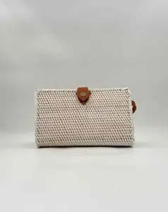 White Wash Woven Rattan Convertible Crossbody Clutch Handbag Purse – Leather Strap