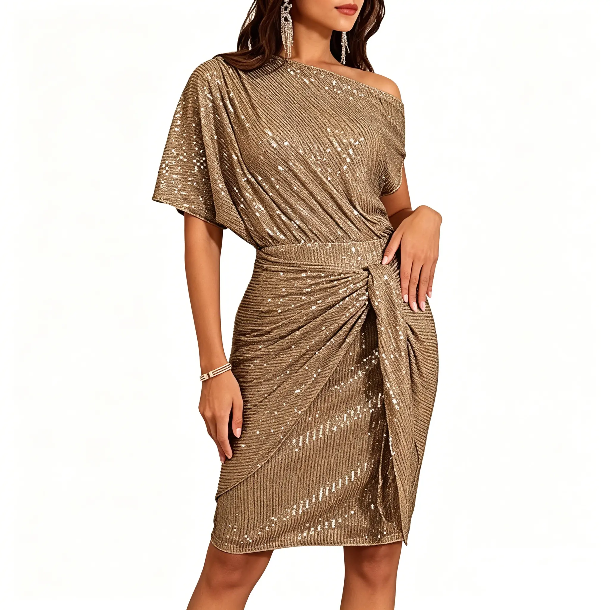 Women’s summer one-shoulder dress with contrast trim and ruched detailing—delicate sparkling embellishments that are eye‑catching, elegant and sophisticated, perfect for evening dinner parties.