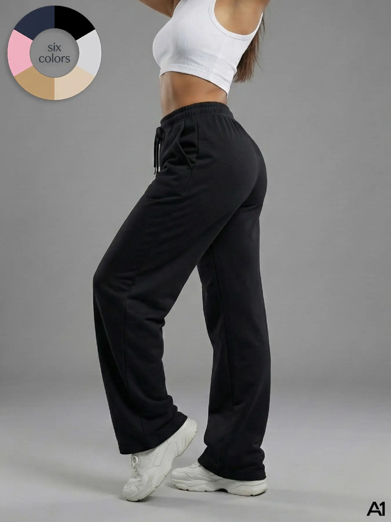 A1 Women's Comfy Lightweight Breathable Wide Leg High Rise Sweatpants High Waisted Drawstring Lounge Trousers Casual Loose Fit Baggy Joggers Athletic Workout Pants for Yoga Gym Everyday Wear Sports Bottoms