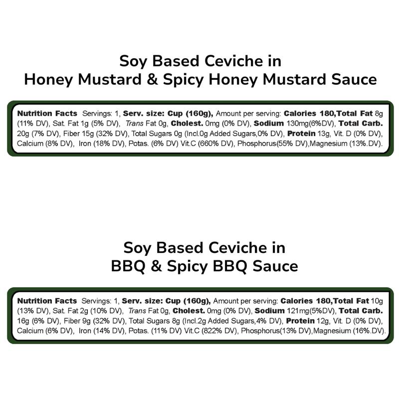 (4-Pack ) Soy Ceviche–Honey Mustard & BBQ (Spicy & Mild)–5.64oz–Vegan Protein–Gluten Free– Ready to eat Fiber Iron