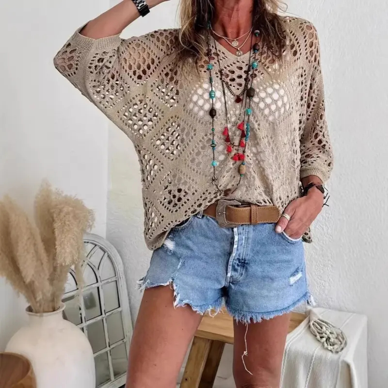 Autumn Winter Women V Neck Diamond Pattern Hollow Bat Sleeve Knit Sweater Cardigan Long Sleeve Pullover Loose Casual Daily Top