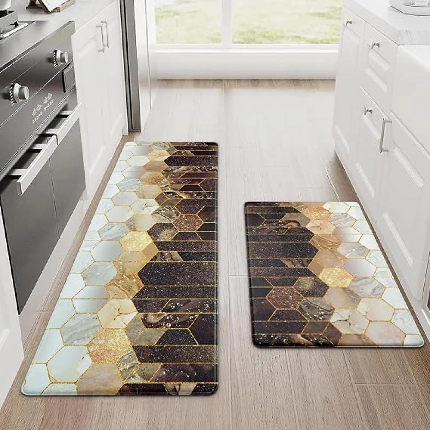 Flannel Marble Hexagon Mosaic Golden Wire Inlaid Kitchen Anti Fatigue Floor Mat