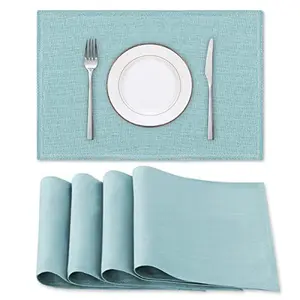 H.VERSAILTEX Linen Placemats Set of 4 Premium Solid Table Placemats for Dining Table Spill-Proof Waterproof Table Mats Heat-Resistant Kitchen Table Mats Washable, 12x18 inches, Aqua