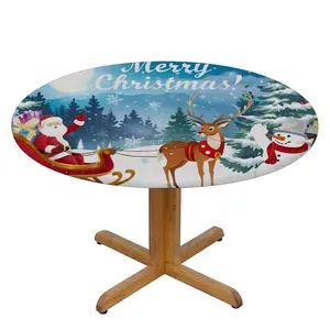 Round Fitted Tablecloth with Elastic Edge, Merry Christmas Round Table Cover Circle Table Cloth Santa Deer Wipe Clean Table Cover 40"-44" For Dining Kitchen Picnic Christmas Decorations Gifts