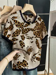 Women's Leopard Print Round Neck Knitted Sweater, Casual Short Sleeve Knitwear for Spring Summer Fall, Comfortable Warm Fitted Top