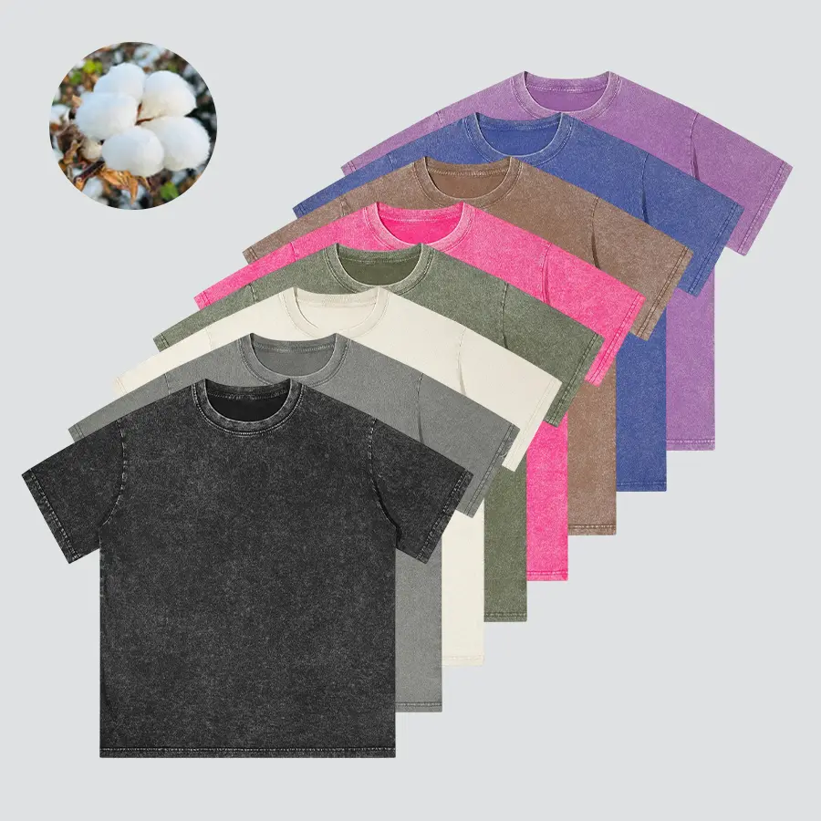 Men’s 100% pure cotton vintage washed crew neck loose solid short-sleeve casual T-shirt