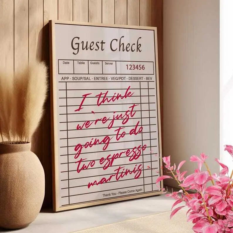 Espresso Marini Guest Check Poster, Vintage Bar Cart Decoration, Retro Cocktail Receipt Print, Coffee Lover Wall Art