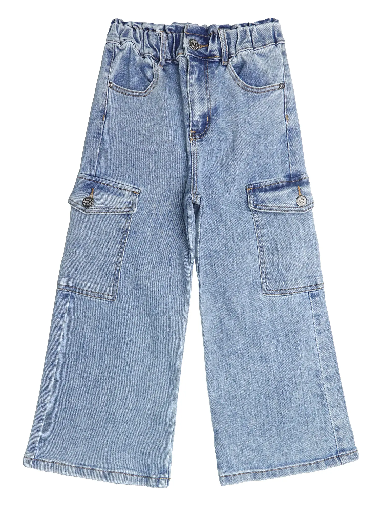 Child Wide-Leg Cargo Jeans, 3-14T Ribbed Waist Denim Pants Adjustable Light Wash