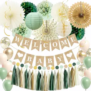 Sage Green Baby Shower Decorations-Welcome Baby Banner, Honeycomb Balls, Paper Lanterns, Fans, Pom Poms, Circle Garland, Streamers, Paper Tassel, Balloons
