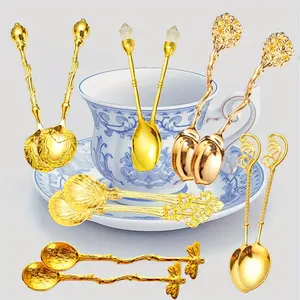 12count/Set Zinc Metal Retro Style Spoons Golden Red Silvery Cyan High-End for Festivals Party Dessert Tea Fruit Seasoning Cake General-Purpose for Hotels Child Age Group