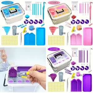 Diamond Painting Tools Carrying Case with 48 Compartments, Diamond Bottle, Elbow, Spotting Pen, Round Clay Funnel, Spotting Disc Set Purple Tool Kit Embroidery Craft Embroidery Machine Thread Diamond Painting Storage Set