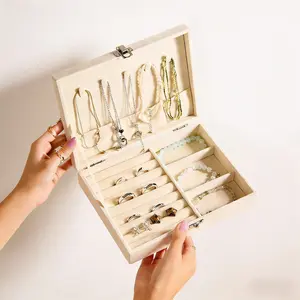 Luxury Corduroy Jewelry Storage Box, Flip-Top Design with Metal Lock, Three-Compartment, Home & Commercial Use, High-End Look