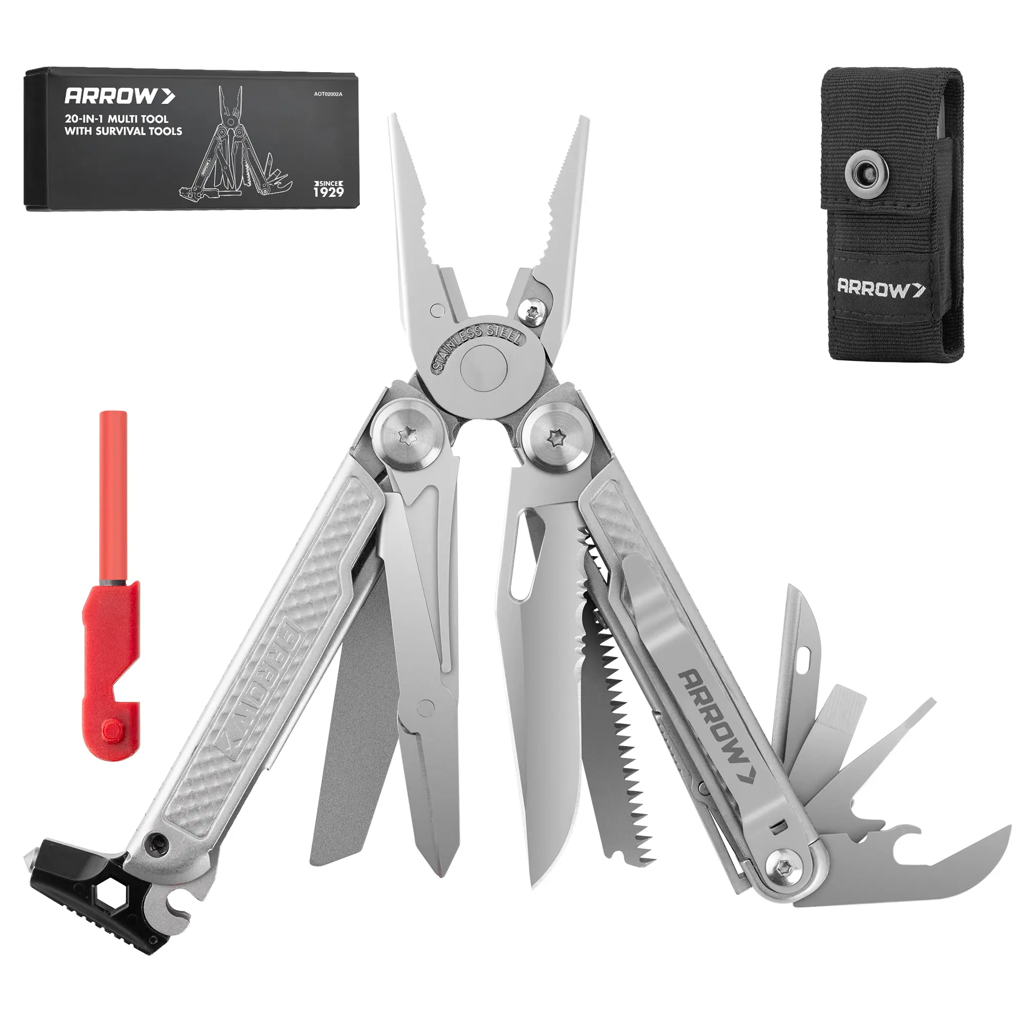 #backtoschool ARROW 20-In-1 Multitool, Gifts for Men Dad, Stainless Steel Multitool Pliers with Fire Starter, Window Breaker, Whistle, EDC Multi Tool with Sheath and Pocket Clip for Outdoor, Survival, Camping