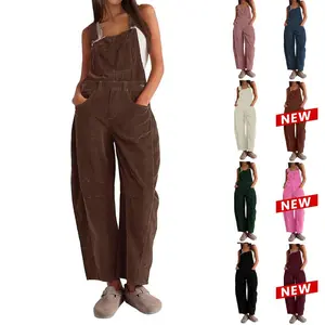 Women's Corduroy Overalls Barrel Wide Leg Bib Pants Adjustable Romper Jumpsuit with Pockets Can be used with raincoat