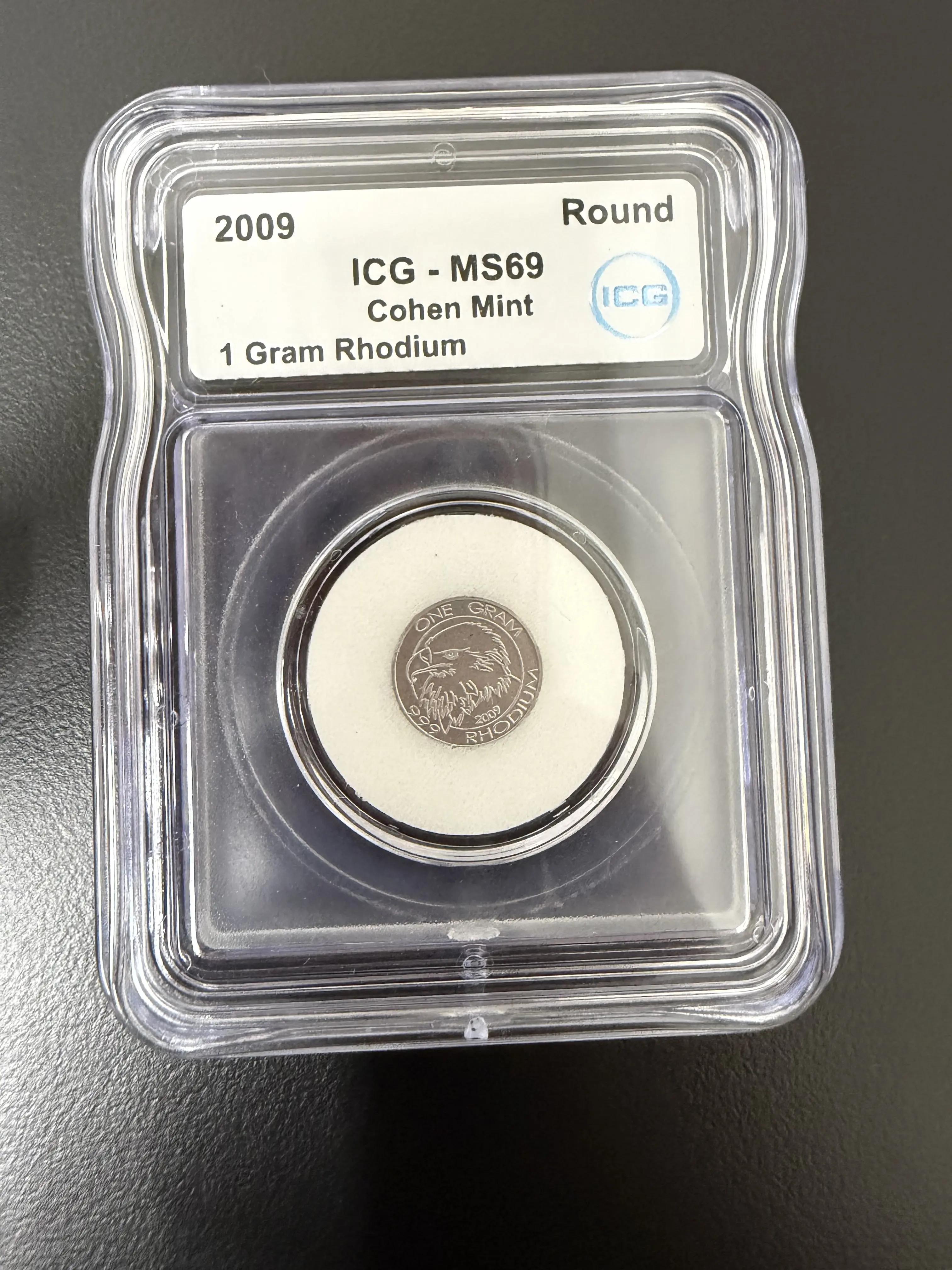 Rhodium 1 Gram Bald Eagle Round Cohen Mint .999 ICG MS69 Graded In Mint Capsule