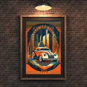 Frameless Art Deco Cityscape Vintage Car Print - Retro Futuristic Auto Wall Art - Elegant Art Deco Design for Home Decor aesthetic
