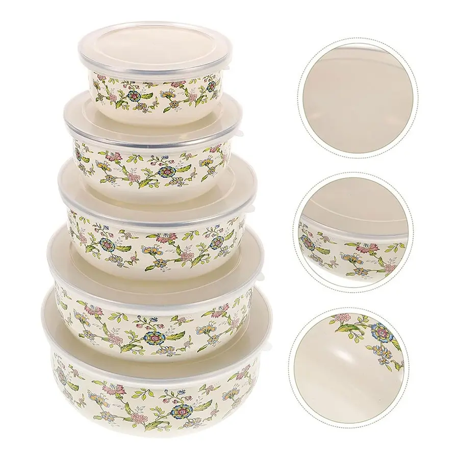 5pcs Multicolor Enamel Sealed Container Set, BPA-Free Round Lid, Dishwasher Safe, Food Storage Bowls for School, Camping, Office, Stackable Food Containers, Leakproof Kitchen Containers, Containers With Lids