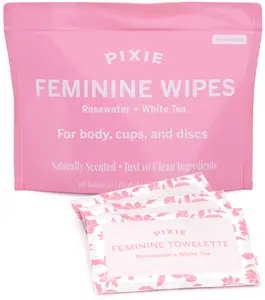 Pixie Feminine Wipes – Naturally Scented Rosewater + White Tea – Flushable, Biodegradable & pH Balanced – Individually Wrapped Wipes for On The Go – Cleaner for Menstrual Cups & Discs (20 Count)