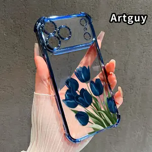 Clear Four Corners Anti-drop Phone Case For iPhone 17 Pro Max 16 15 Plus Air 14 13 12 11 E Protective Cover Blue Tulip Printed Shockproof Cellphone Casing