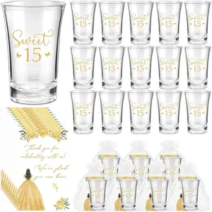 Quinceanera Party Favors for Guests Golden Sweet 15  Clear Shot Glasses with Thank You Cards Organza Bags Mis Quince Anos Quinceanera 15th Birthday Party Favors