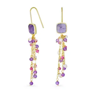 Cluster Bead Accent Long Purple Amethyst Blue Turquoise Waterfall Tassel Dangle Earrings Gold Plated