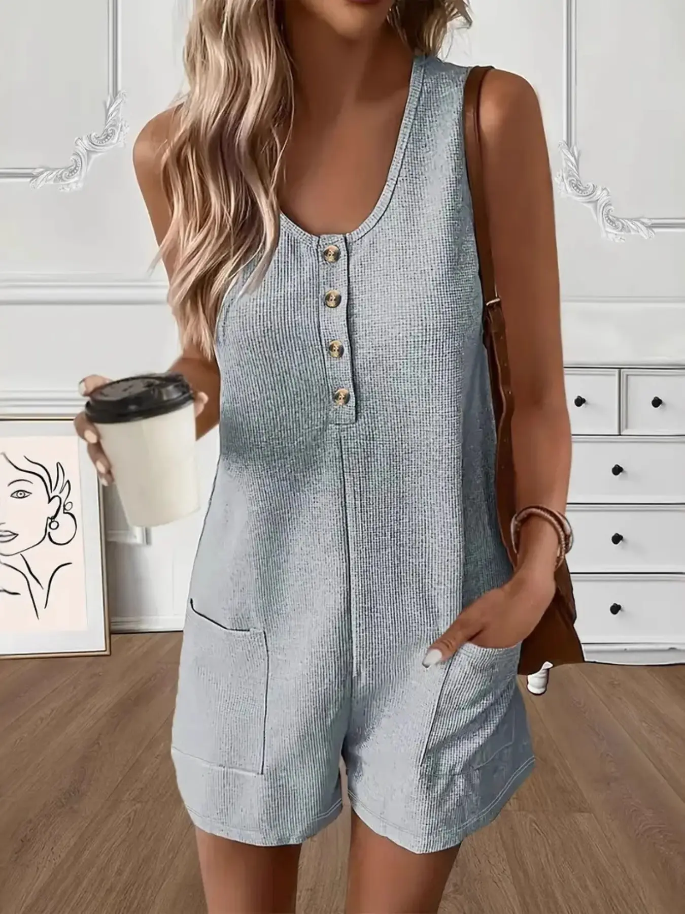 2026 Summer New European and American Women's Casual Lightweight Button Pocket Vest Jumpsuit, Stylish, Chic and Comfortable for Daily Wear