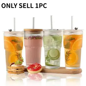 Large Capacity Striped Glass Cup with Lid and Straw, Multi-Purpose Reusable Glass Cup, Hand Wash Only, Ideal for Cold Drinks, Juice, Coffee, Tumbler