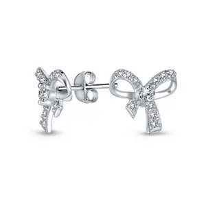 Tiny Dainty Ribbon Pave CZ Small Bow Stud Earrings .925 Sterling Silver