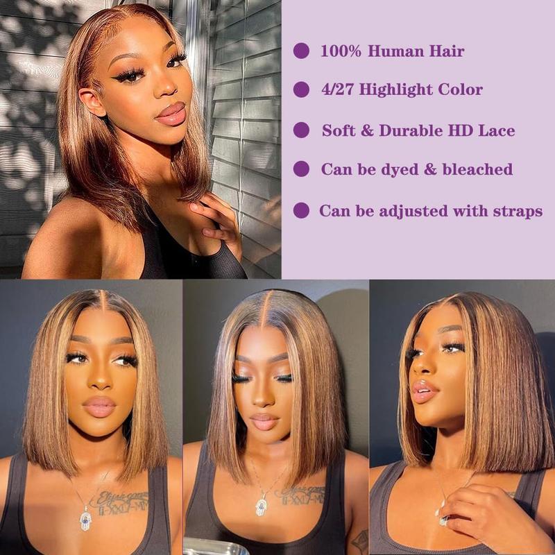 Ombre  Bob Wig Human Hair Highlight P4/27 13x4 HD Lace Frontal Straight Lace Front Bob Wigs for Black Women Human Hair Pre Plucked Pre Plucked with Baby Hair 180% Density Honey Blonde Wig Soft Bouncy No Smell Can Be Dyed Curled Restyled