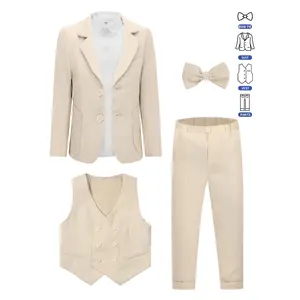 Boys' Formal Suit Set Includes Blazer, Vest, Pants, and Bow Tie - Solid Color, Machine Washable, Suitable for Weddings, Performances, and Special Occasions