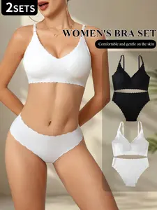 Women's seamless bra and panty set with spaghetti straps, featuring an elastic support bra paired with seamless and smooth panties, offering comfortable and breathable underwear for a sexy look.