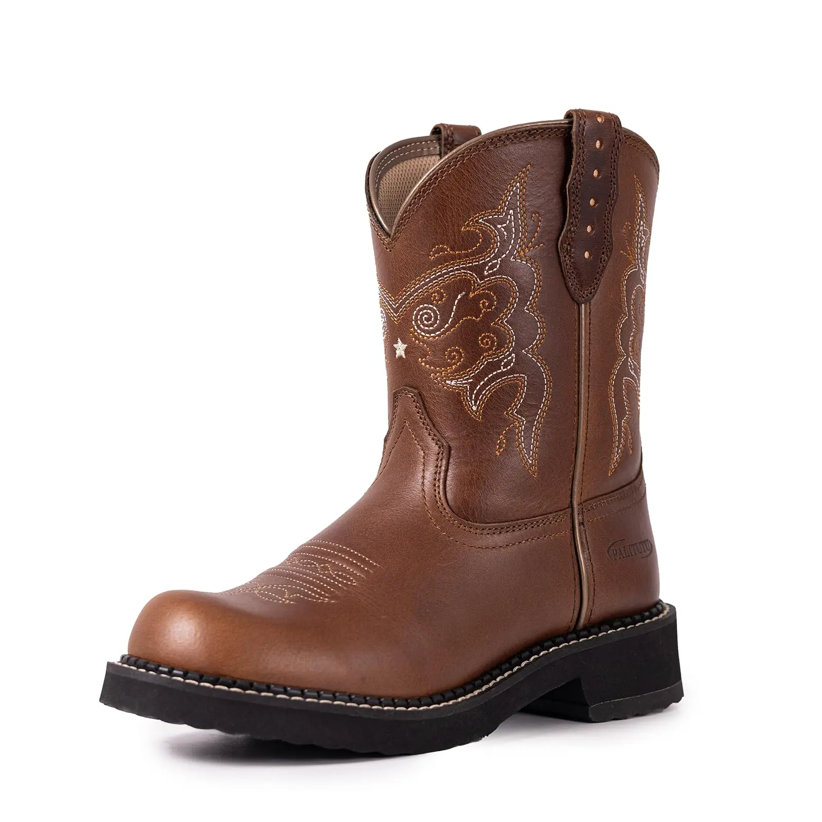 【Genuine Leather】Palitutu Women's Western boots Cowgirl Ankle Boot with Embroidered Stitching Chunky Heel Classic Fashion Brown Leather,PLT303604/303610/303612